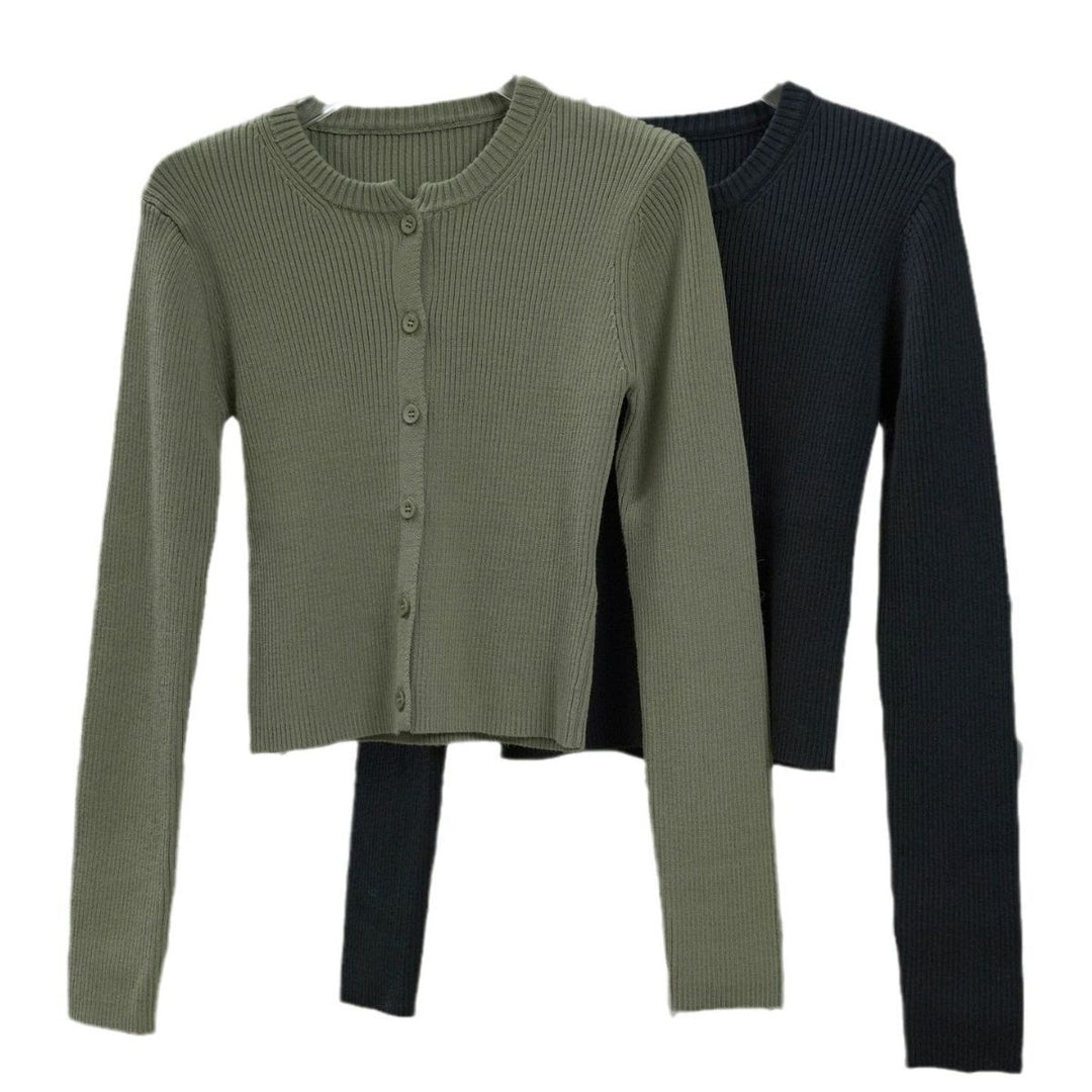 Women's Ribbed Cropped Cardigan with Button Placket and Narrow Silhouette Amarae