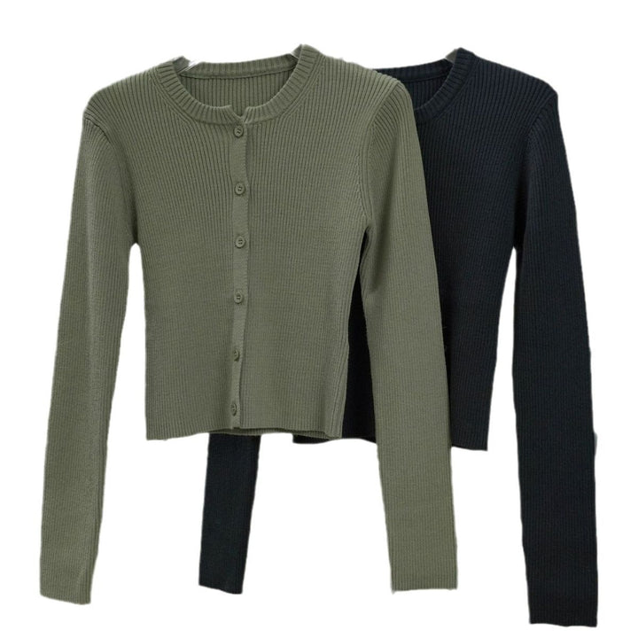 Women's Ribbed Cropped Cardigan with Button Placket and Narrow Silhouette Amarae