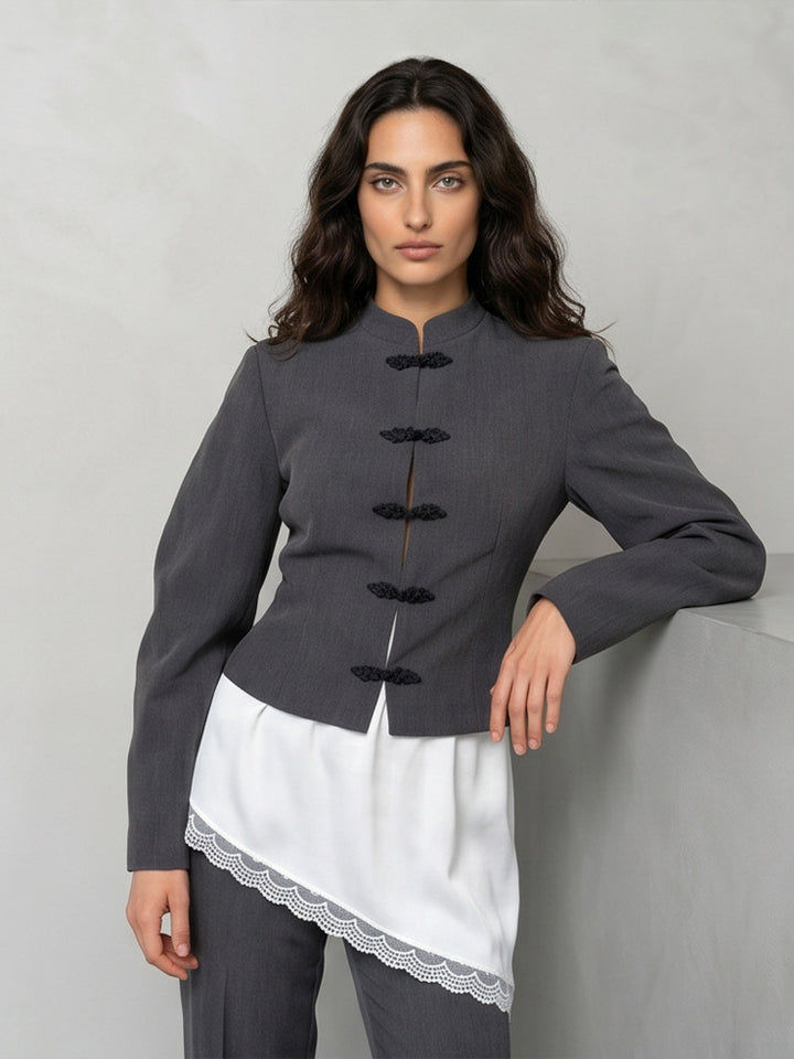 Women's Tailored Cropped Blazer with Mandarin Collar and Decorative Knot Closure Amarae