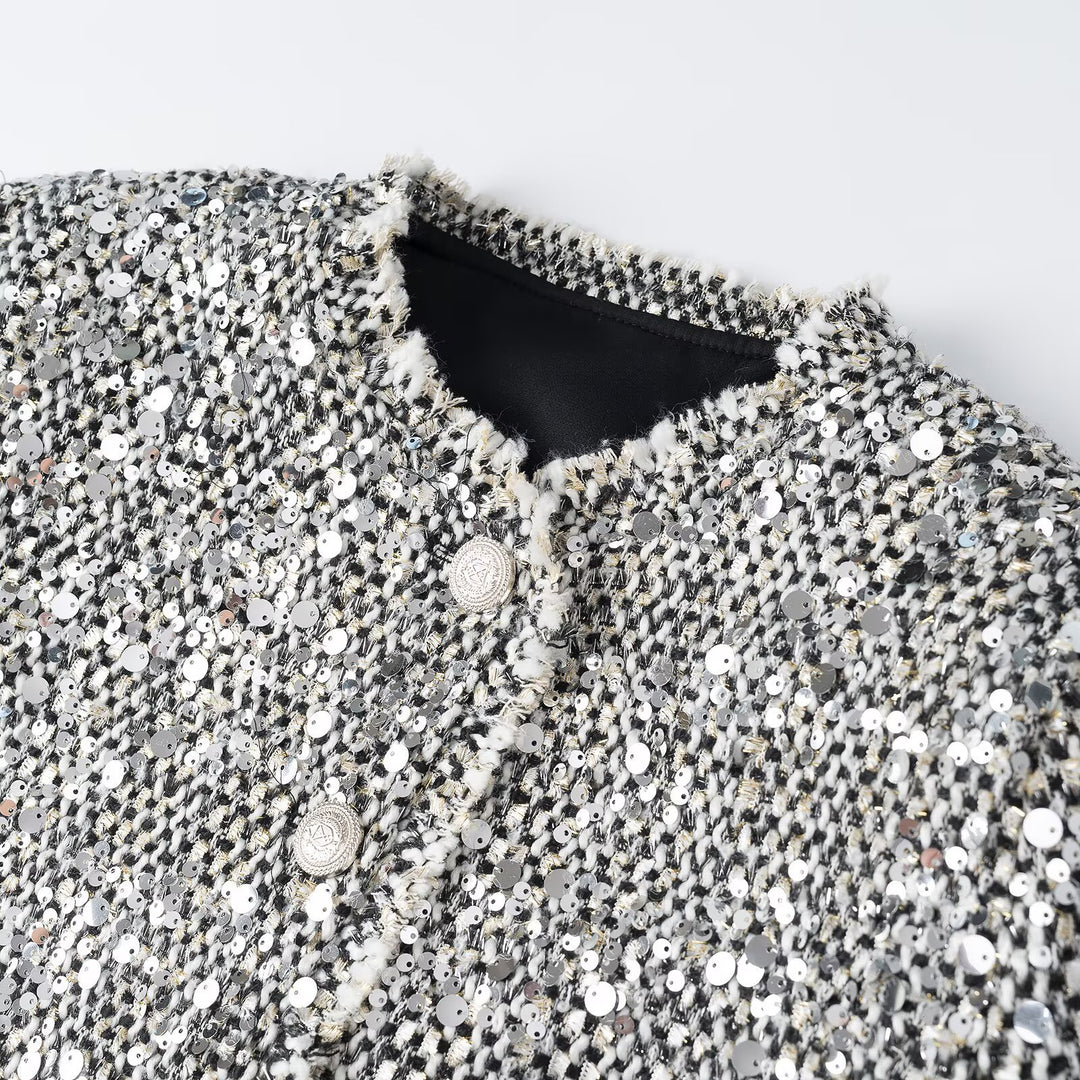 Women's short jacket in bouclé style with sequin trim and mother-of-pearl buttons Amarae