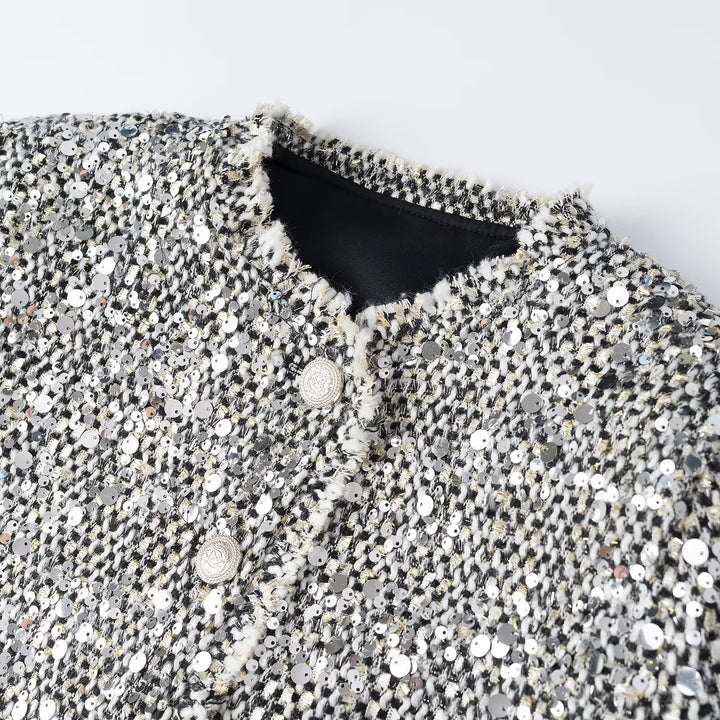Women's short jacket in bouclé style with sequin trim and mother-of-pearl buttons Amarae