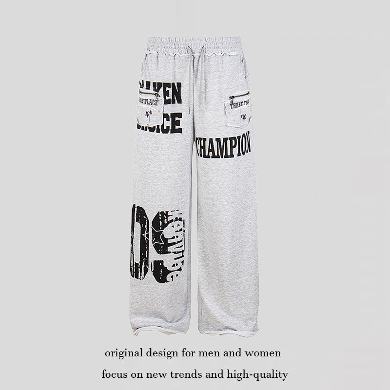 Women's Wide Palazzo Sweatpants with Comfort Waistband, Application Pockets and Typo Print Amarae