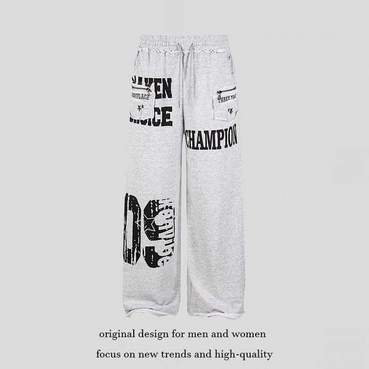 Women's Wide Palazzo Sweatpants with Comfort Waistband, Application Pockets and Typo Print Amarae