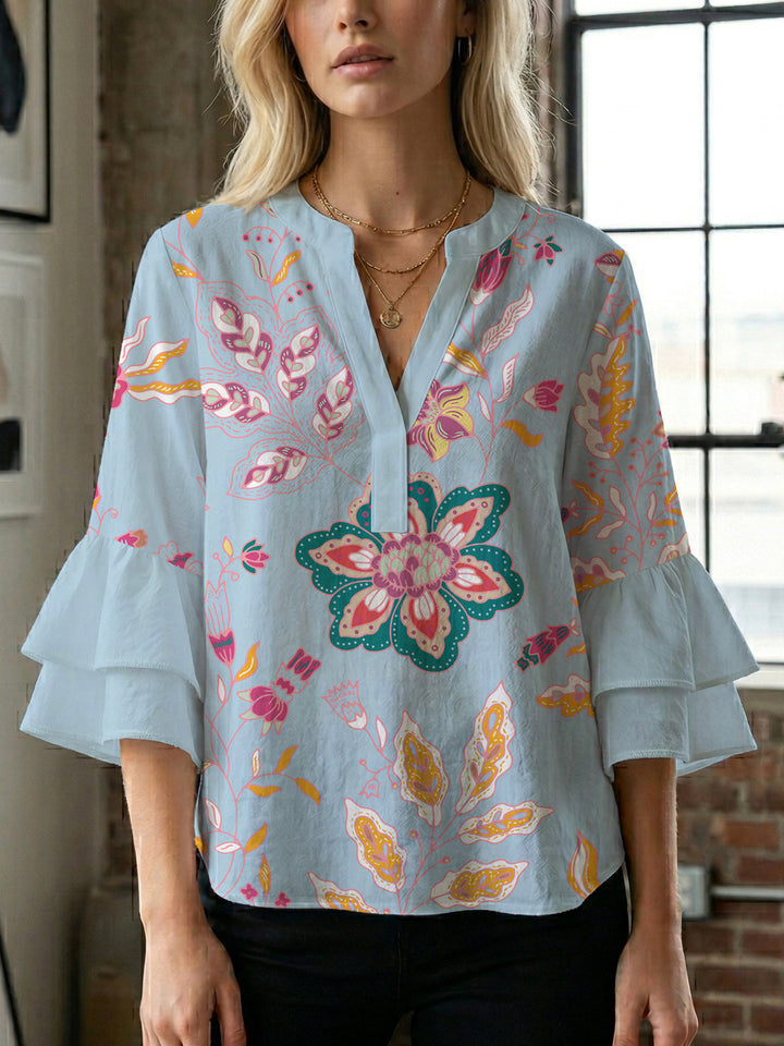 Women's blouse with voluminous ruffle sleeves and creative floral design Lune London