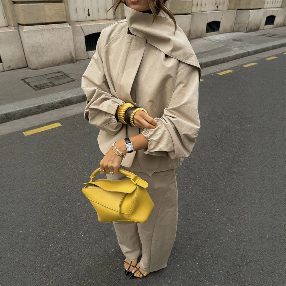 Women's Two-Piece Oversized Pant Suit Set with Asymmetrical Stand Collar Amarae