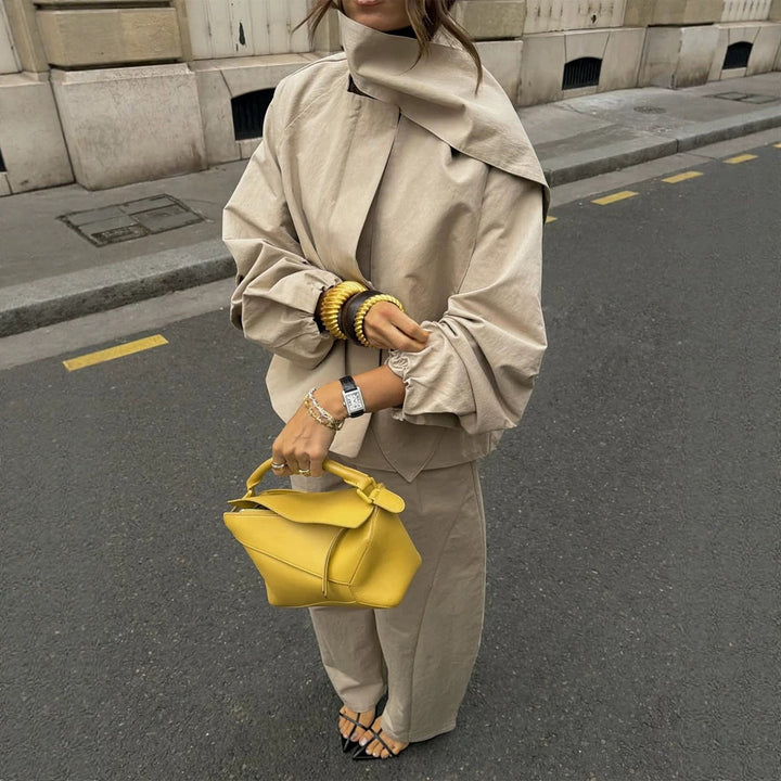 Women's Two-Piece Oversized Pant Suit Set with Asymmetrical Stand Collar Amarae