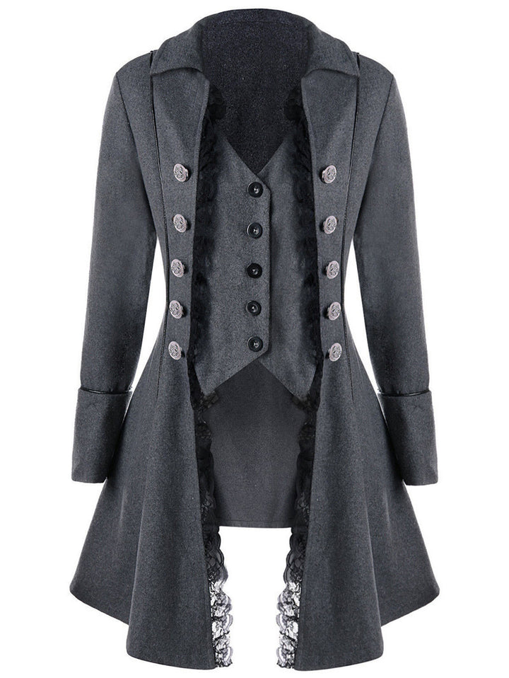 Ladies elegant traditional coat with delicate lace inserts and refined button details Amarael
