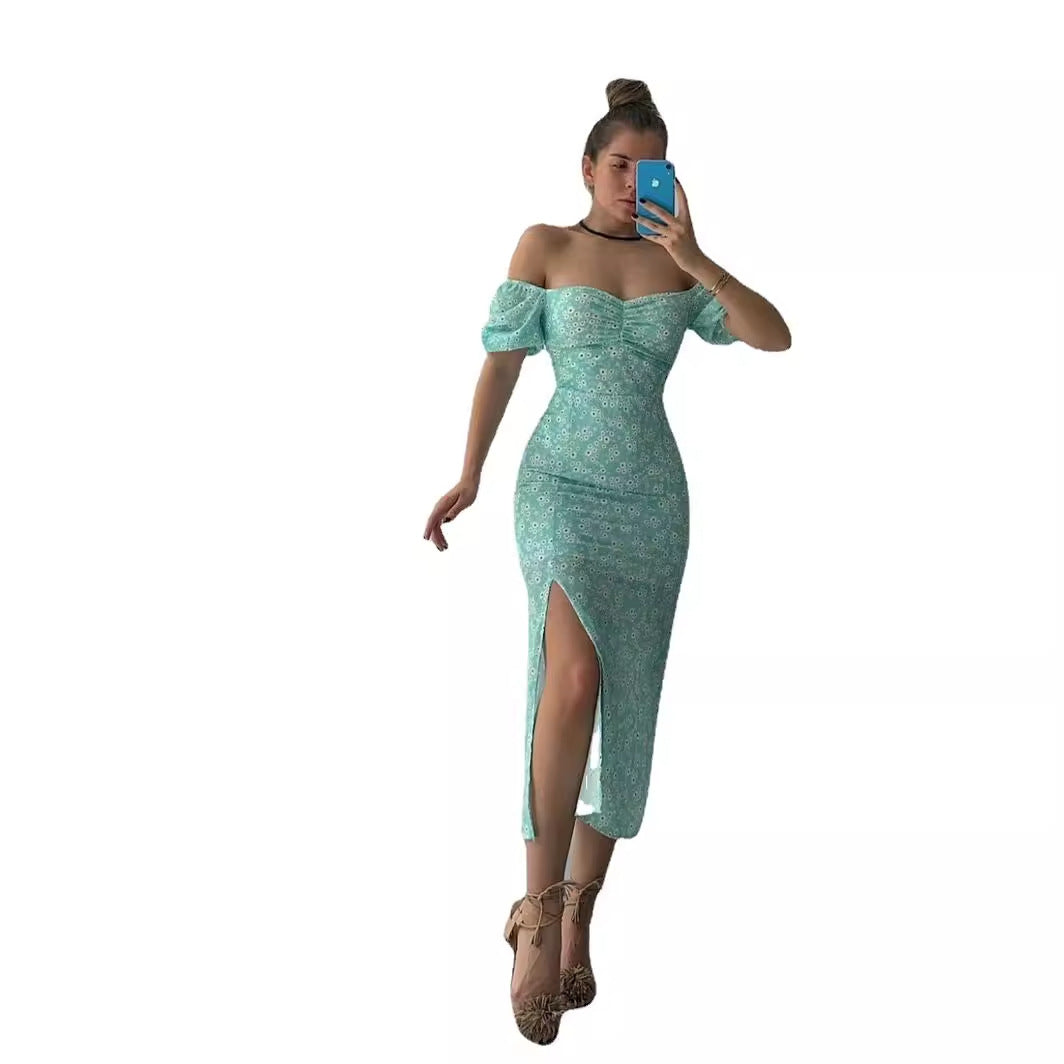 Women's Figure-Hugging Maxi Dress with Floral Pattern and Off-Shoulder Design Lune London