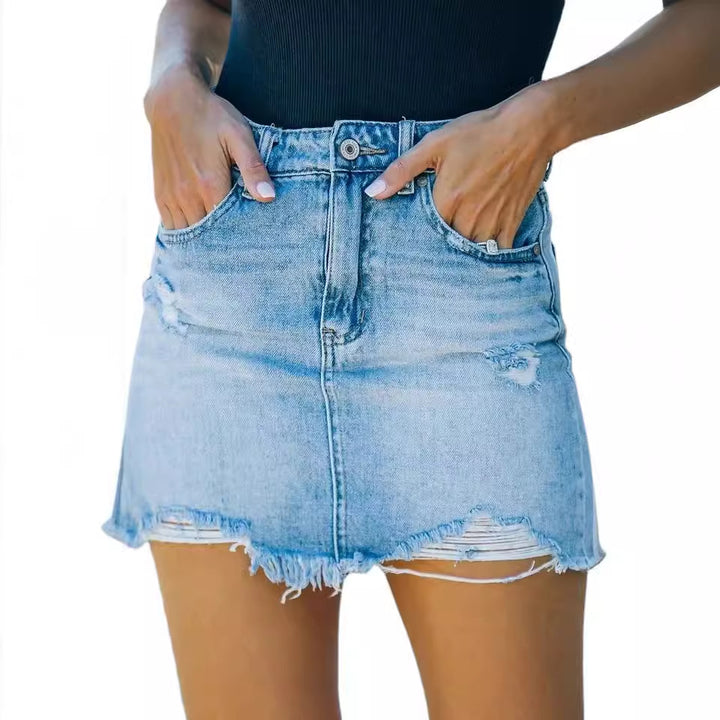 Mini denim skirt for women with a worn look, fringes and high waist Chic & Stil