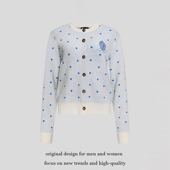 Women's knit cardigan with round neck, polka dot jacquard and decorative badge Amarae