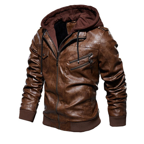 Men's soft leather motorcycle jacket with removable hood and practical zip pockets Amarae
