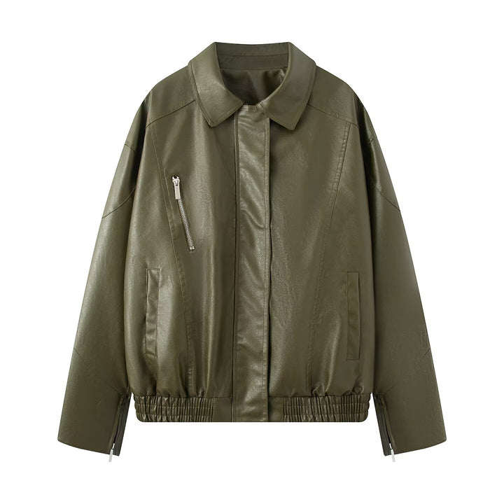 Elegant ladies faux leather jacket with practical zippered pockets Lune London