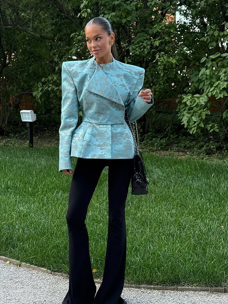 Ladies Tailored Jacquard Blazer with Defined Shoulders, Peplum and Asymmetrical Lapel Amarae