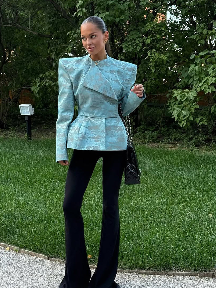 Ladies Tailored Jacquard Blazer with Defined Shoulders, Peplum and Asymmetrical Lapel Amarae