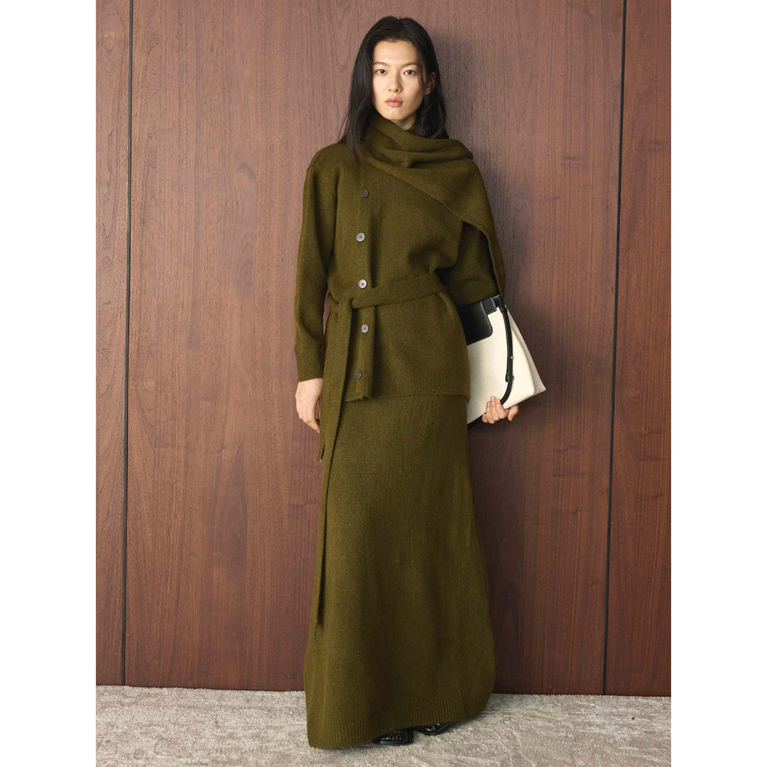 Women's Buttoned Knit Coat with Ties and Maxi Skirt Amarae