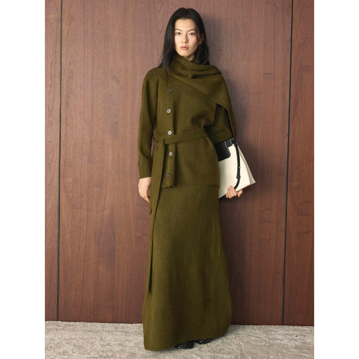Women's Buttoned Knit Coat with Ties and Maxi Skirt Amarae