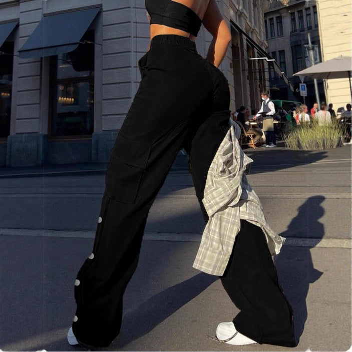 Women's High-Waist Cargo Pants with Wide Leg, Drawstring and Side Snap Details Amarae