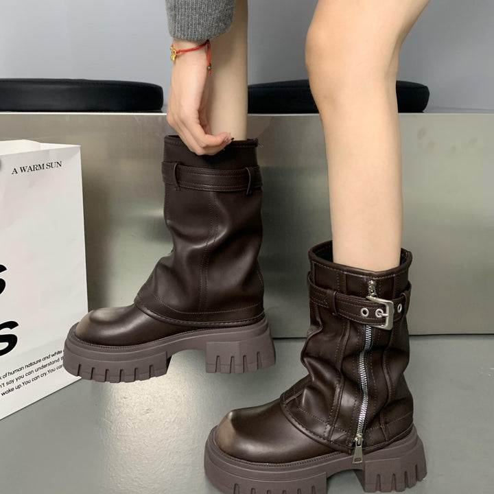 Women’s Mid-Calf Biker Boots with Zipper, Buckle Strap, and Chunky Platform Sole Amarae