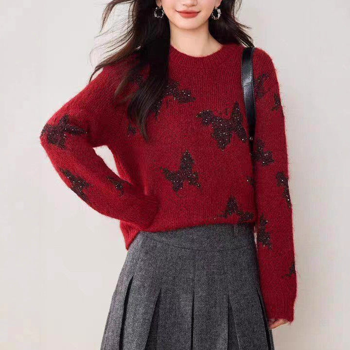 Pull tricoté élégant pour femmes avec des appliqués papillon étincelants Chic & Stil