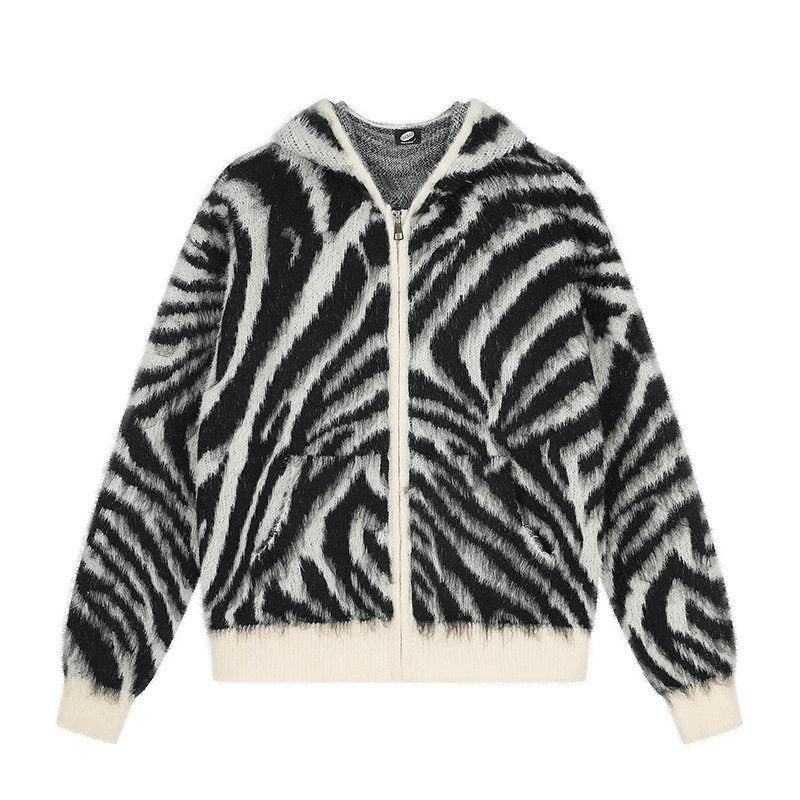 Women's Fluffy Zip Hoodie Cardigan with Zebra Jacquard and Kangaroo Pocket Amarae