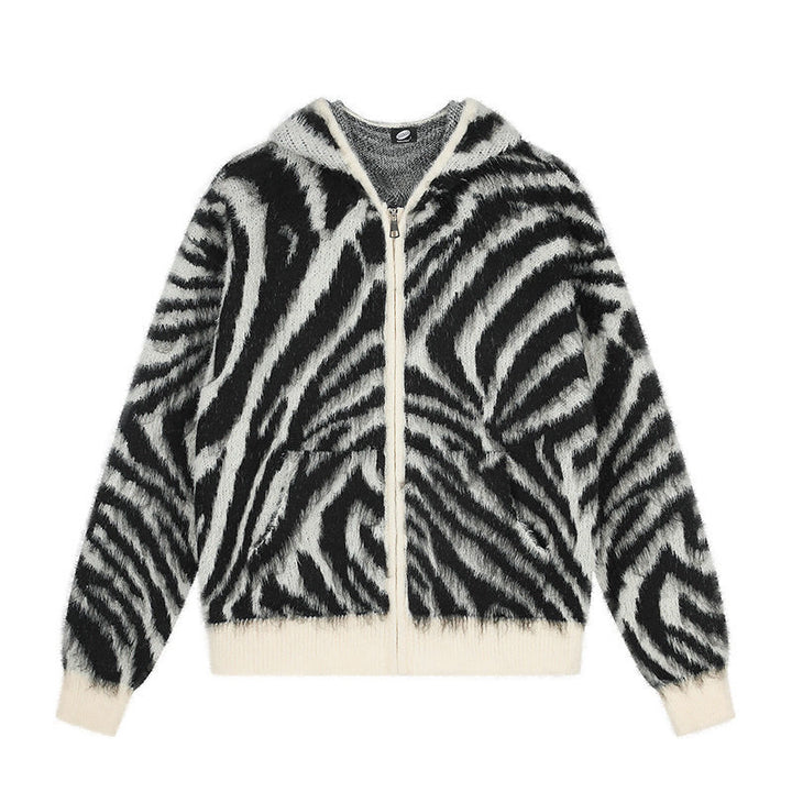 Women's Fluffy Zip Hoodie Cardigan with Zebra Jacquard and Kangaroo Pocket Amarae