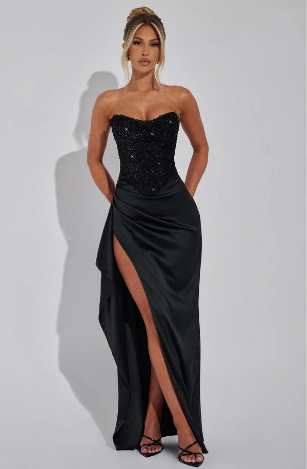 Ladies Elegant Evening Dress with Shimmering Top and High Slit Lune London