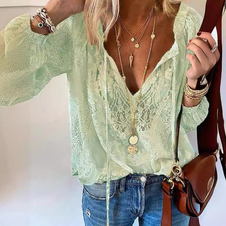 Women's elegant blouse with fine lace and deep V-neck Lune London
