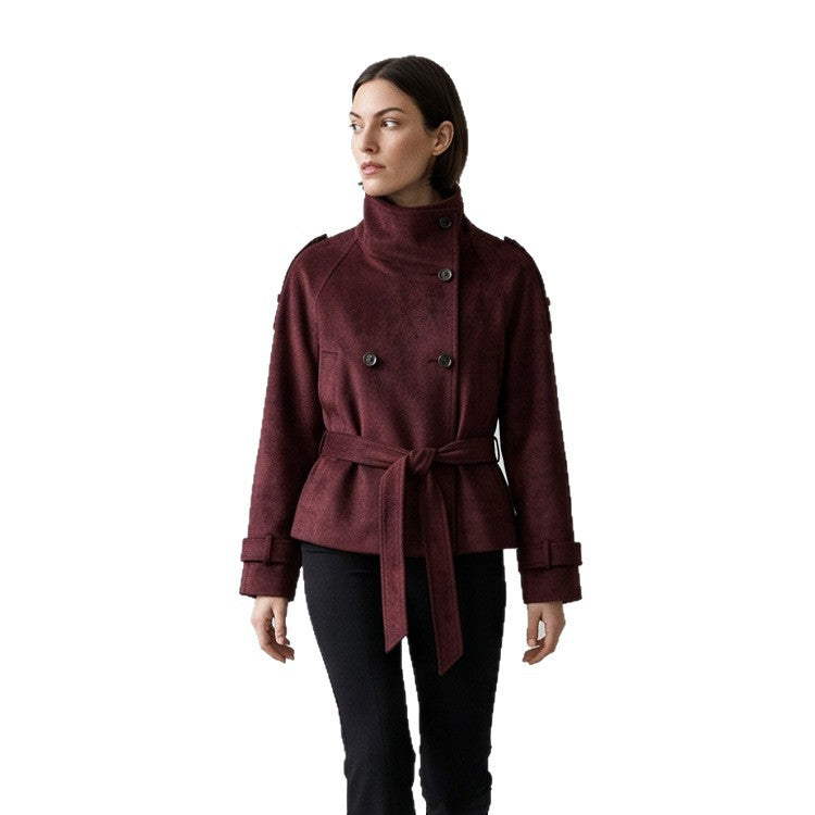 Women's Tailored Short Jacket in Suede Look with Double Breasted and Stand-Up Collar Amarae