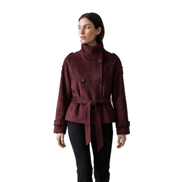Women's Tailored Short Jacket in Suede Look with Double Breasted and Stand-Up Collar Amarae