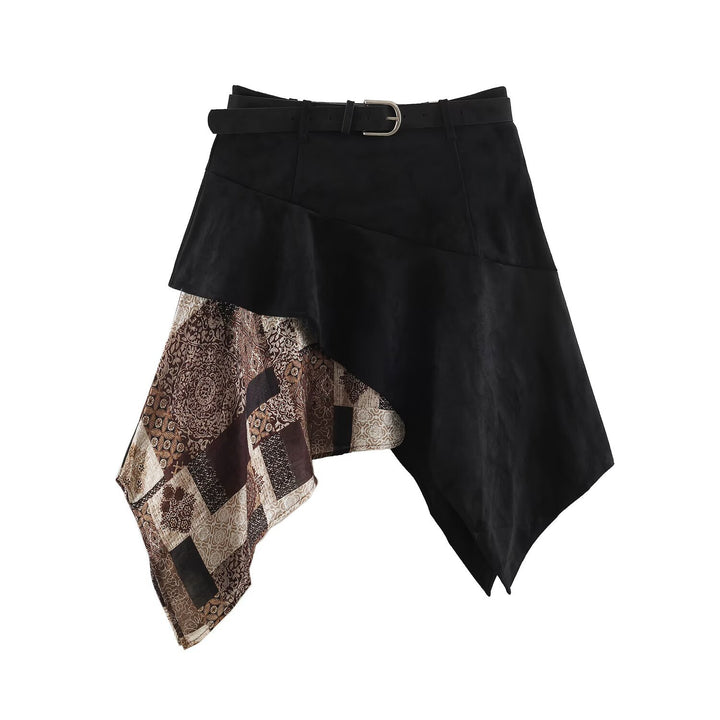 Women's Asymmetric Patchwork Wrap Skirt with Waist Belt and Layered Look Amarae