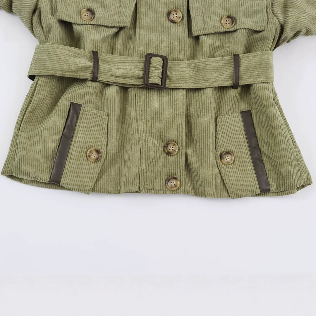 Women's Cord Field Jacket with Waist Belt and Stand-Up Collar Amarae