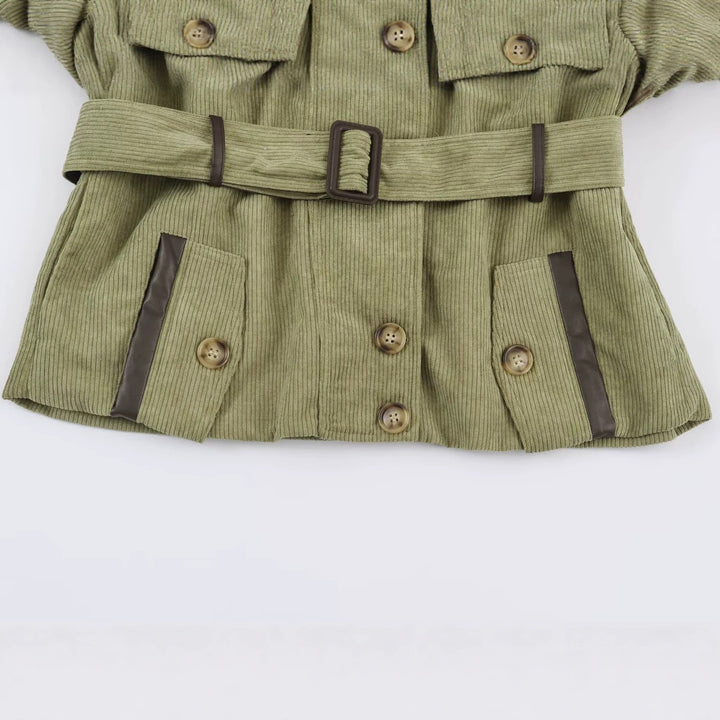 Women's Cord Field Jacket with Waist Belt and Stand-Up Collar Amarae