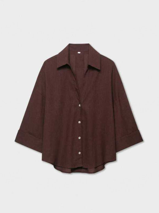 Women's Lightweight Oversized Linen Look Blouse with Three-Quarter Sleeves and Full Button Placket Amarae