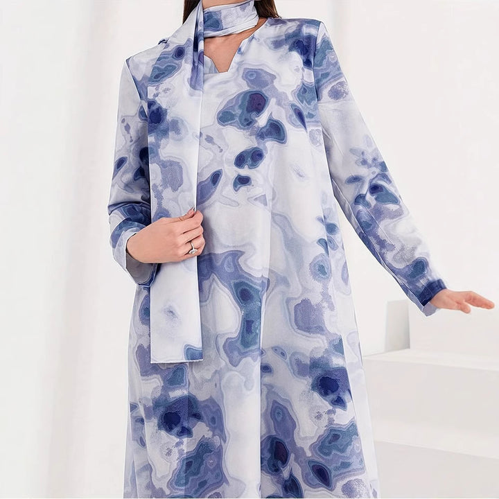 Maxi dress for women with artistic pattern and elegant high collar Lune London