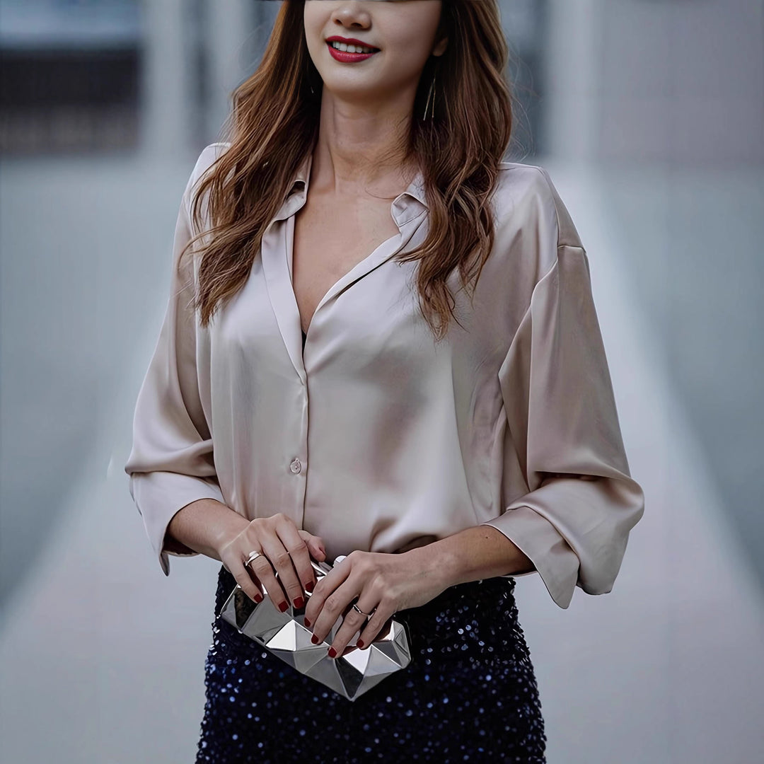 Ladies elegant silk blouse with minimalist button details Lune London