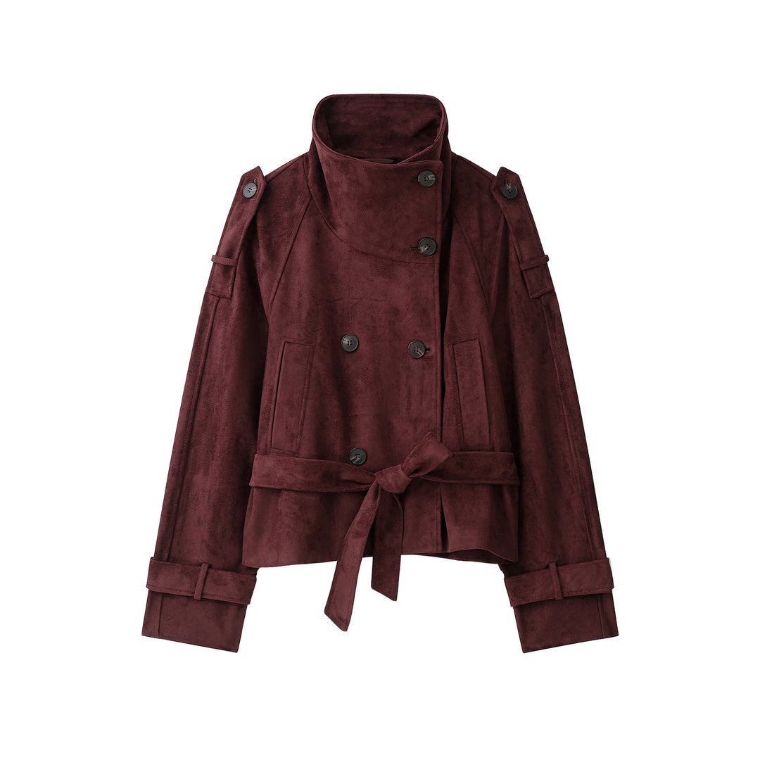 Women's Velvet Trench Coat with High Funnel Collar and Tie Belt Amarae