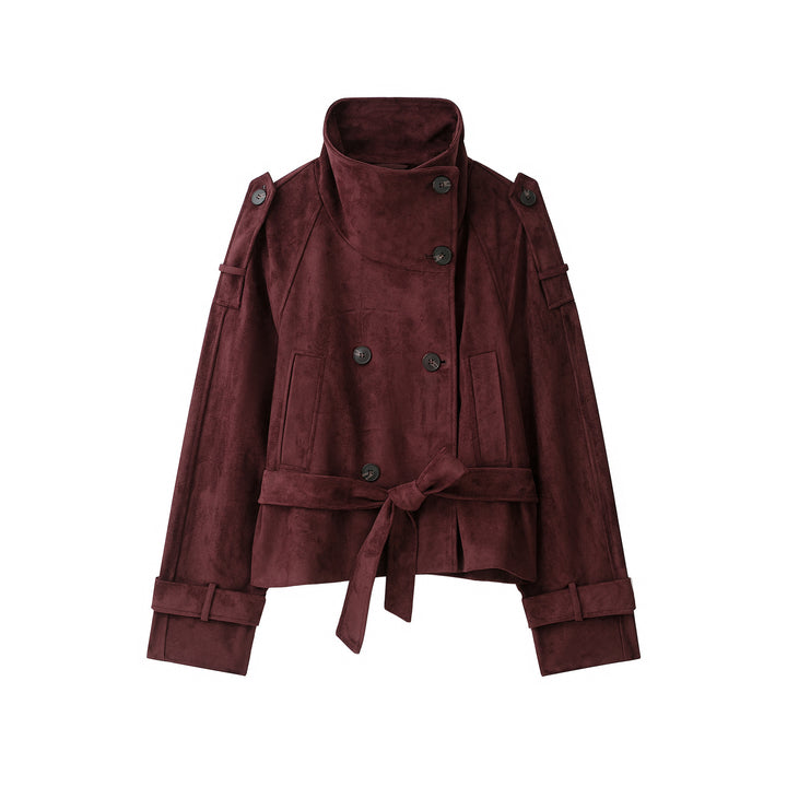 Women's Velvet Trench Coat with High Funnel Collar and Tie Belt Amarae