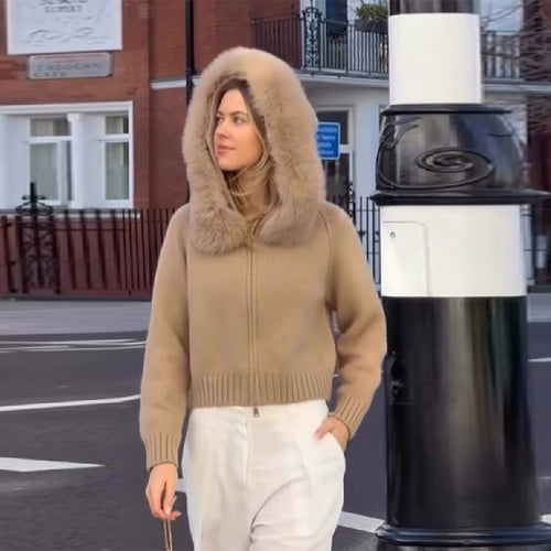 Ladies Knit Pullover with Fur Collar Amarae