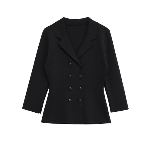Elegant blazer jacket for women with a modern design featuring a double-breasted button row Amarae