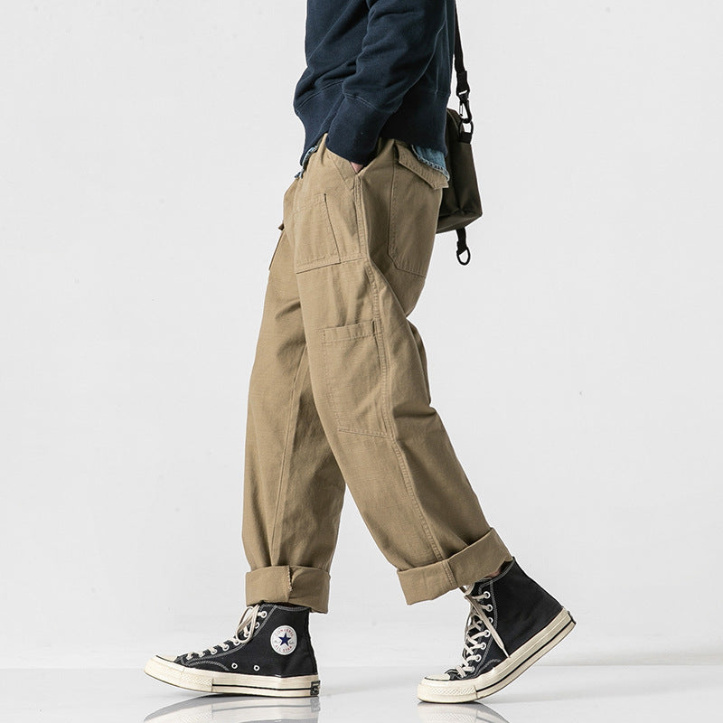 Men's loose cotton cargo pants in baggy cut with multifunctional pockets and rolled hem Amarae