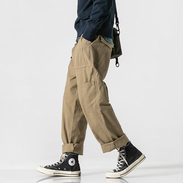 Men's loose cotton cargo pants in baggy cut with multifunctional pockets and rolled hem Amarae
