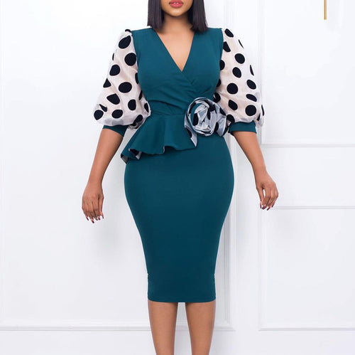 Fitted cocktail dress for women with sheer puff sleeves and floral accent Amarae