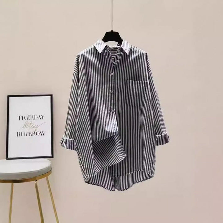 Women Striped Oversized Shirt with Longer Back and Practical Chest Pocket Lune London