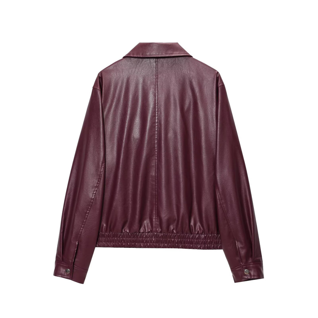 Fashionable faux leather jacket for women with elastic belt and high collar Lune London