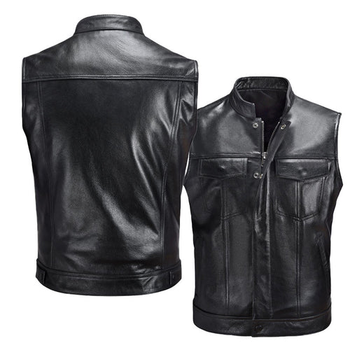 Leather gilet for men with bellows pockets and modern stand-up collar Amarae