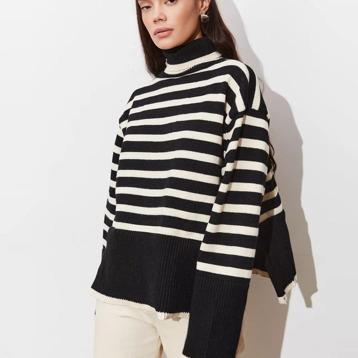 Women's comfortable turtleneck sweater with classic stripes and trendy details Lune London