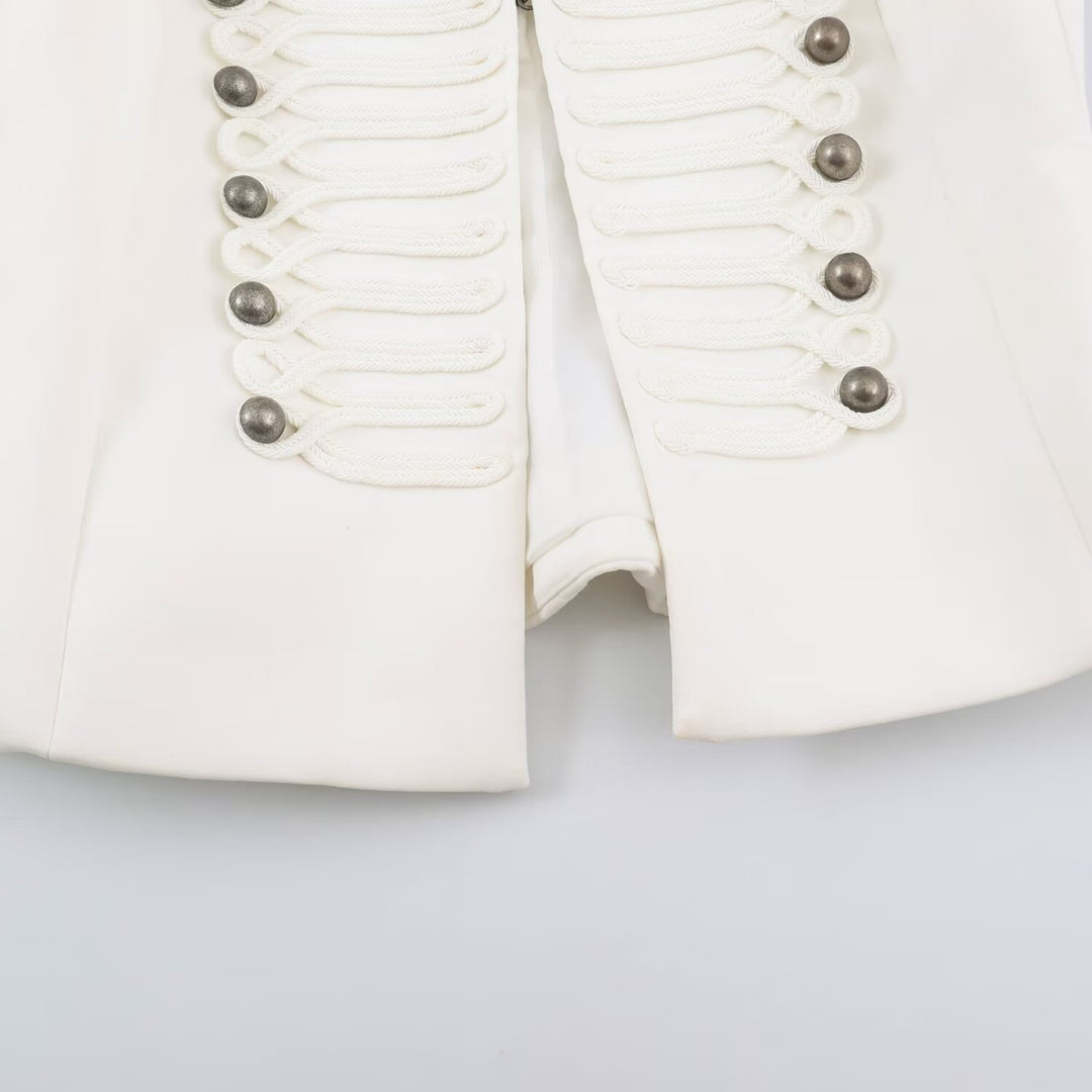 Women Short Cut Military Blazer with Stand Collar, Decorative Cords and Structured Silhouette Amarae