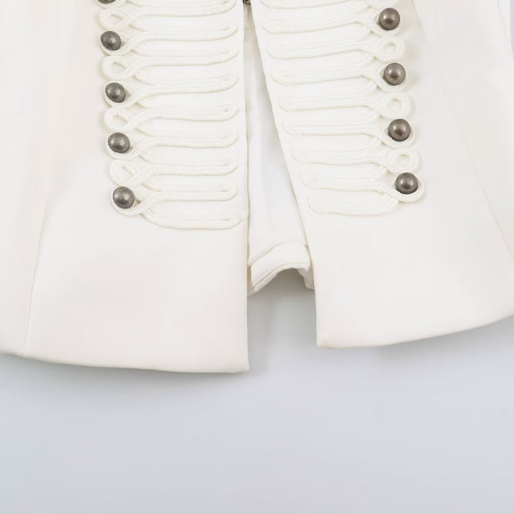 Women Short Cut Military Blazer with Stand Collar, Decorative Cords and Structured Silhouette Amarae