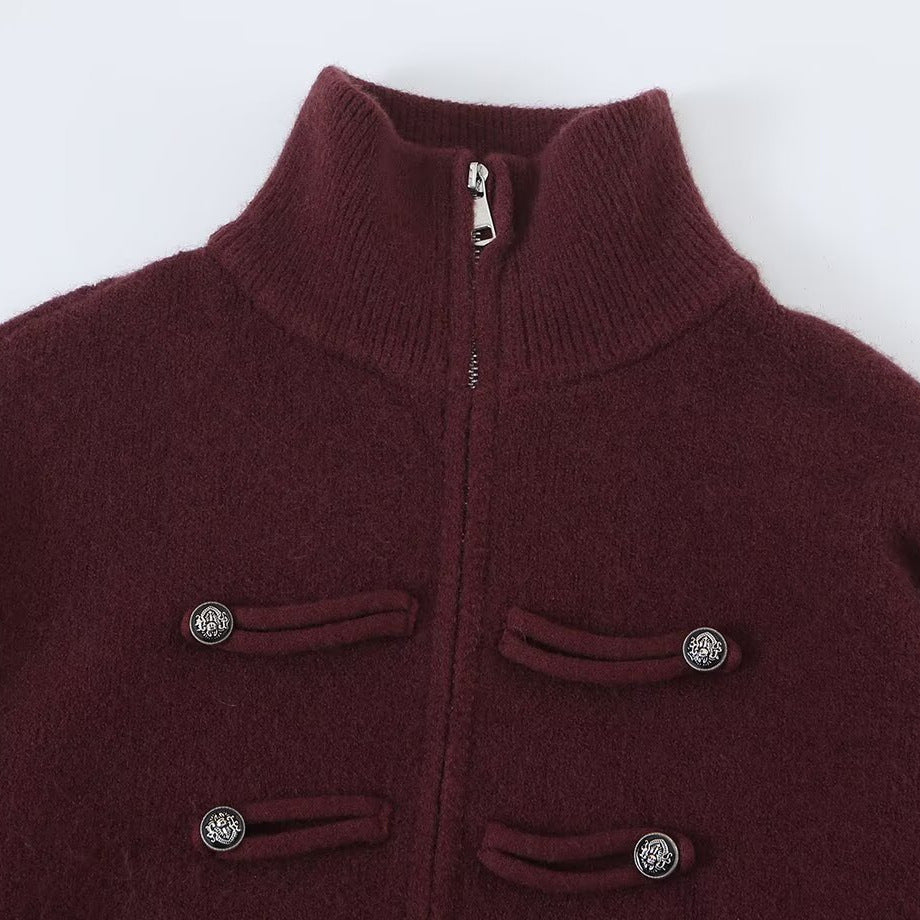 Ladies cardigan with stand-up collar, zipper and decorative knot trims Amarae