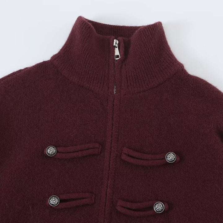 Ladies cardigan with stand-up collar, zipper and decorative knot trims Amarae